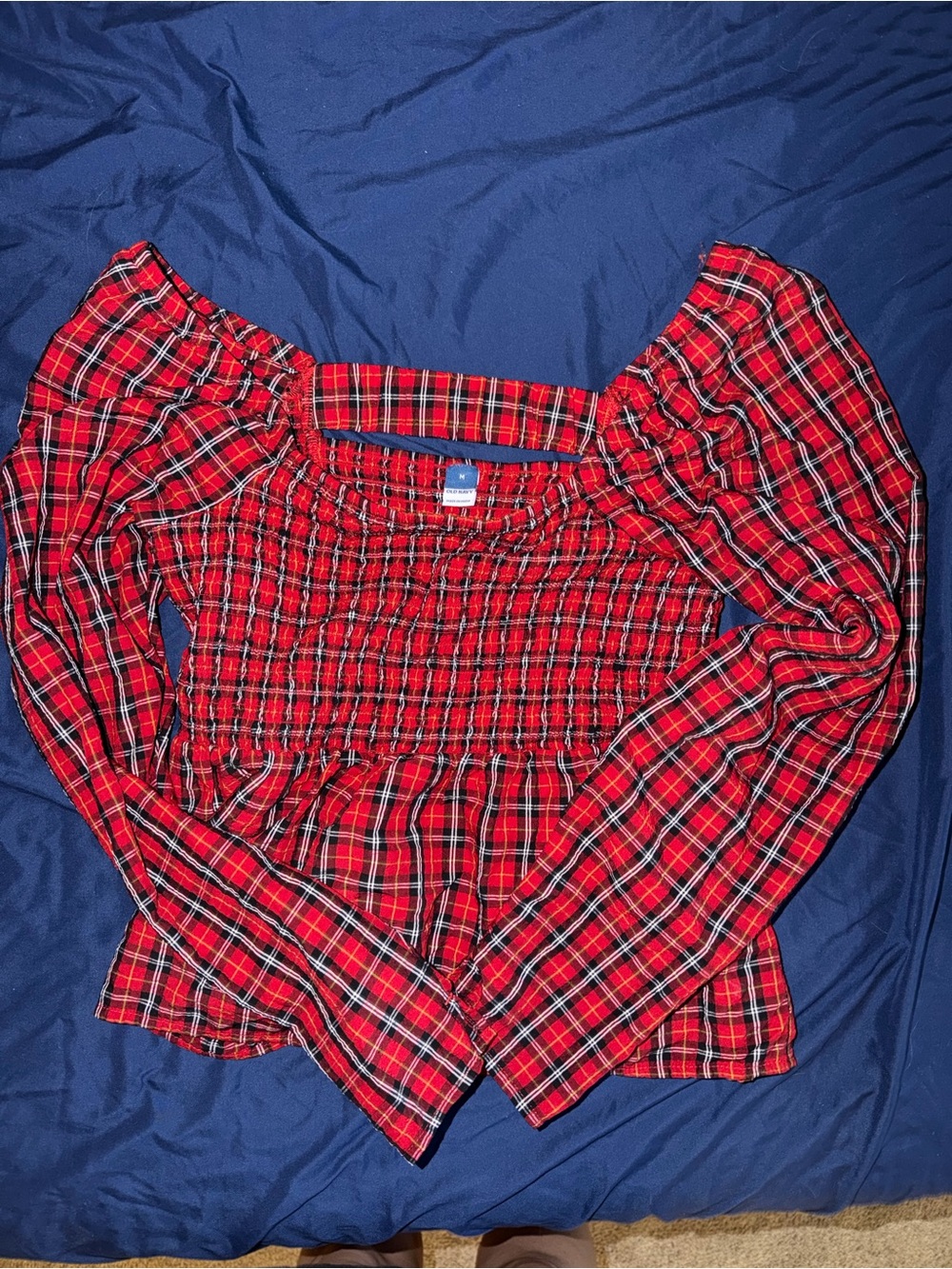 Old Navy Red Plaid Smocked Puff-Sleeve Top